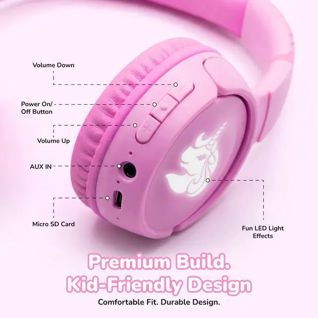 Alt view image 5 of 7 - Kids Safe Wireless Light Up Headphones, Foldable Tangle-Free 3.5mm Jack, Volume Limiting 85/94dB, Over-Ear with Microphone for School/Toddlers/Teens/Boys/Girls/Ipad/Tablet/Kindle/Phones/Travel/Plane