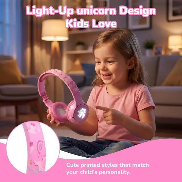 Alt view image 7 of 7 - Kids Safe Wireless Light Up Headphones, Foldable Tangle-Free 3.5mm Jack, Volume Limiting 85/94dB, Over-Ear with Microphone for School/Toddlers/Teens/Boys/Girls/Ipad/Tablet/Kindle/Phones/Travel/Plane