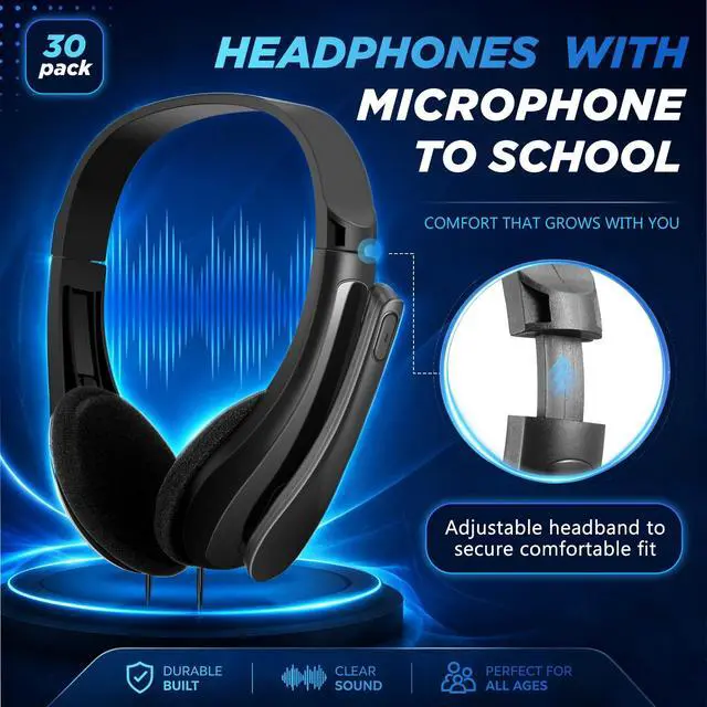 Alt view image 2 of 6 - 30 Pack Bulk Classroom Headphones with Microphone Students Wired School Class Set Headphones for School Library Computer Office Adults 3.5 Jack Universal Plug (Black)