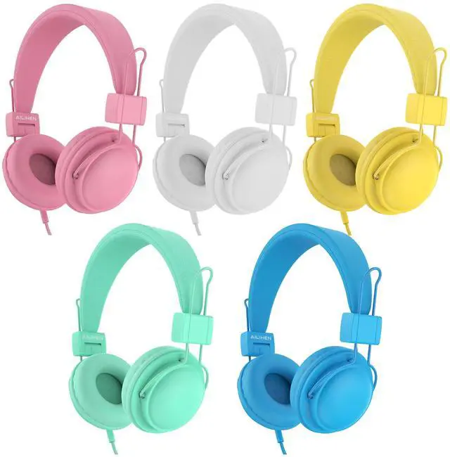 Main image of Kids Headphones Wired Bulk 5-Pack for K-12 School Library Travel | HD Microphone, 85dB Volume Limit, SharePort, Stickers, 3.5mm Jack for Chromebook/Computer -Light Color