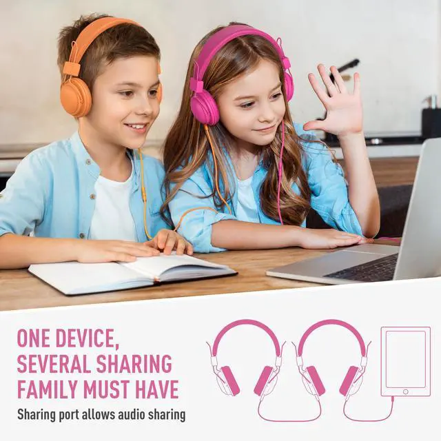 Alt view image 6 of 7 - Kids Headphones Wired Bulk 5-Pack for K-12 School Library Travel | HD Microphone, 85dB Volume Limit, SharePort, Stickers, 3.5mm Jack for Chromebook/Computer -Light Color