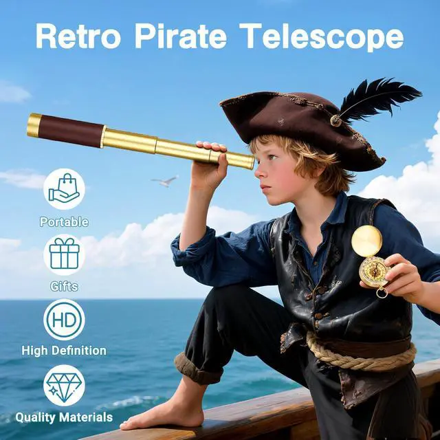 Alt view image 2 of 7 - Retro Pirate Telescope Zoomable 25x30 Spyglass Portable Collapsible Handheld Telescope Vintage Monocular for Kids & Survival Gear Compass Pocket Military Compass for Camping Boating