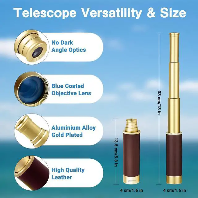Alt view image 3 of 7 - Retro Pirate Telescope Zoomable 25x30 Spyglass Portable Collapsible Handheld Telescope Vintage Monocular for Kids & Survival Gear Compass Pocket Military Compass for Camping Boating