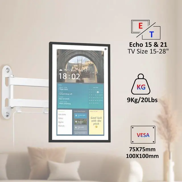 Alt view image 2 of 7 - Wall Mount Compatible with Echo Show 15/21, Extends 17" from Wall | 360° Rotation for Landscape or Portrait, Tilts Up and Down, Swivels Side to Side, Stable Articulating Arm, White