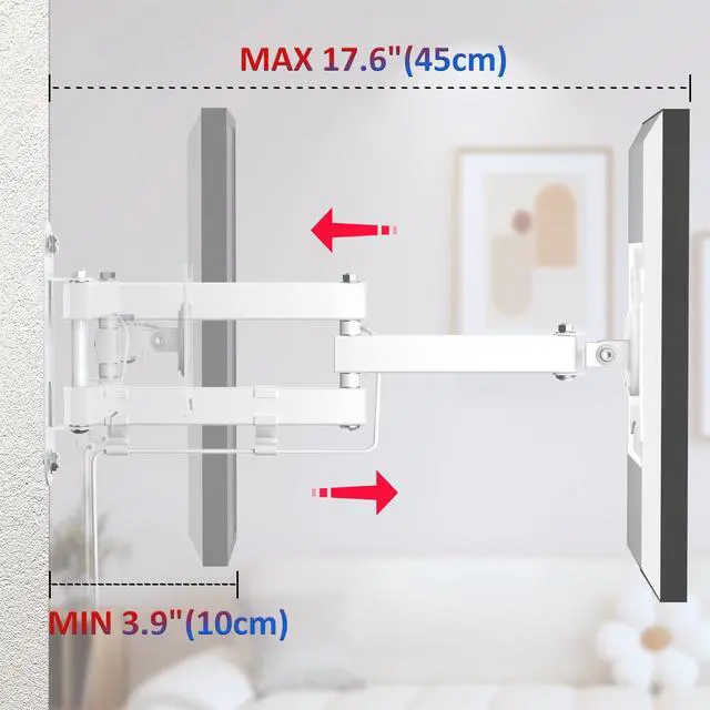 Alt view image 5 of 7 - Wall Mount Compatible with Echo Show 15/21, Extends 17" from Wall | 360° Rotation for Landscape or Portrait, Tilts Up and Down, Swivels Side to Side, Stable Articulating Arm, White