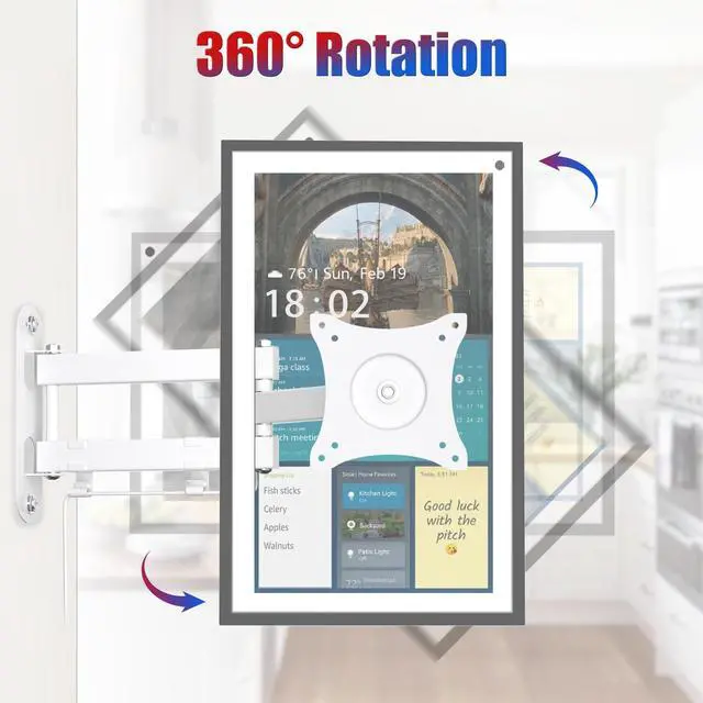 Alt view image 3 of 7 - Wall Mount Compatible with Echo Show 15/21, Extends 17" from Wall | 360° Rotation for Landscape or Portrait, Tilts Up and Down, Swivels Side to Side, Stable Articulating Arm, White