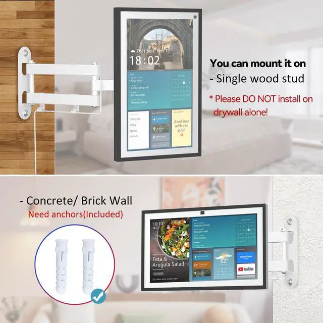 Alt view image 6 of 7 - Wall Mount Compatible with Echo Show 15/21, Extends 17" from Wall | 360° Rotation for Landscape or Portrait, Tilts Up and Down, Swivels Side to Side, Stable Articulating Arm, White