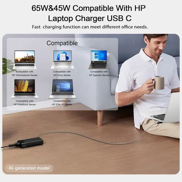 Alt view image 5 of 7 - 65W USB C Laptop Charger Compatible with HP Laptop | fit for Envy X360,Elitebook,Spectre X360,Omnibook,Pavilion,Elite x2,Chromebook,Zbook,ProBook Type C Computer AC Adapter