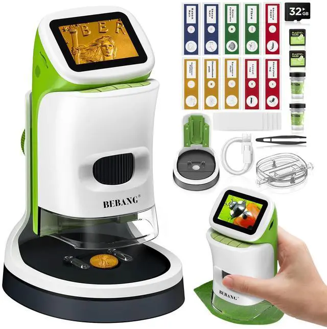 Main image of Kids Handheld Digital Microscope with Screen: STEM Science Kit Gift Toys | for Boys Girls Ages 4-12, Detachable Stand, 1000X Magnification, 4K Display, 32GB SD Card Included for Photos and Videos