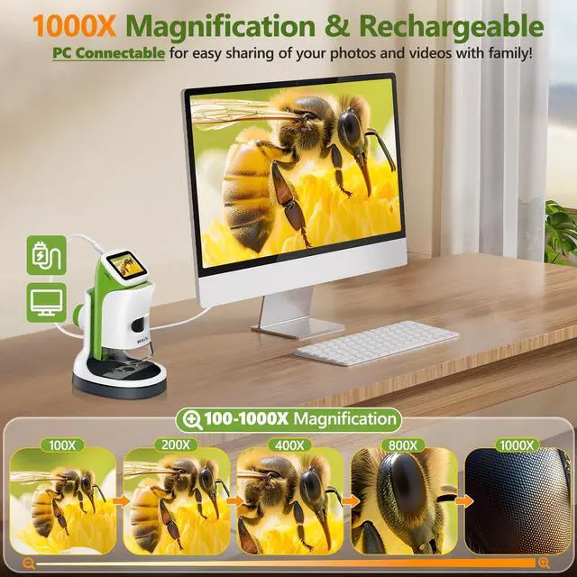 Alt view image 6 of 7 - Kids Handheld Digital Microscope with Screen: STEM Science Kit Gift Toys | for Boys Girls Ages 4-12, Detachable Stand, 1000X Magnification, 4K Display, 32GB SD Card Included for Photos and Videos