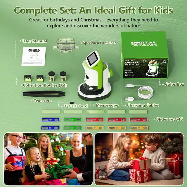 Alt view image 7 of 7 - Kids Handheld Digital Microscope with Screen: STEM Science Kit Gift Toys | for Boys Girls Ages 4-12, Detachable Stand, 1000X Magnification, 4K Display, 32GB SD Card Included for Photos and Videos
