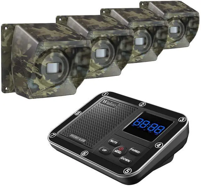 Main image of 1800 Ft Wireless Outside Driveway Alarm Outdoor Motion Sensor & Detector Driveway Alert System, Rechargeable Battery/Weatherproof/Mute Mode/Clock and Alarm Functional (1&4-Camouflage)