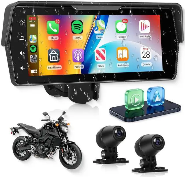Main image of 6.86 Inch Motorcycle Carplay GPS Navigation System, Android Auto Portable CarPlay Screen for Motorcycle, Dual Camera Video Recording, Dual Bluetooth Car Play Moto, Si-ri, Goo-gle Assistant, EQ