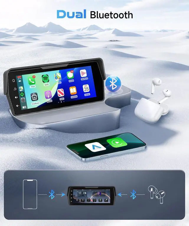 Alt view image 3 of 6 - 6.86 Inch Motorcycle Carplay GPS Navigation System, Android Auto Portable CarPlay Screen for Motorcycle, Dual Camera Video Recording, Dual Bluetooth Car Play Moto, Si-ri, Goo-gle Assistant, EQ