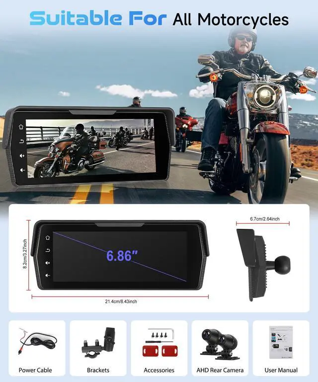Alt view image 6 of 6 - 6.86 Inch Motorcycle Carplay GPS Navigation System, Android Auto Portable CarPlay Screen for Motorcycle, Dual Camera Video Recording, Dual Bluetooth Car Play Moto, Si-ri, Goo-gle Assistant, EQ