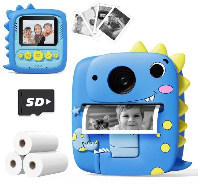 Main image of Instant Print Kids Camera with Dinosaur Silicone Case 1080P Toddler Digital Camera, 3 Rolls Print Paper, Birthday for Boys Girls Age 3-8 (Blue)
