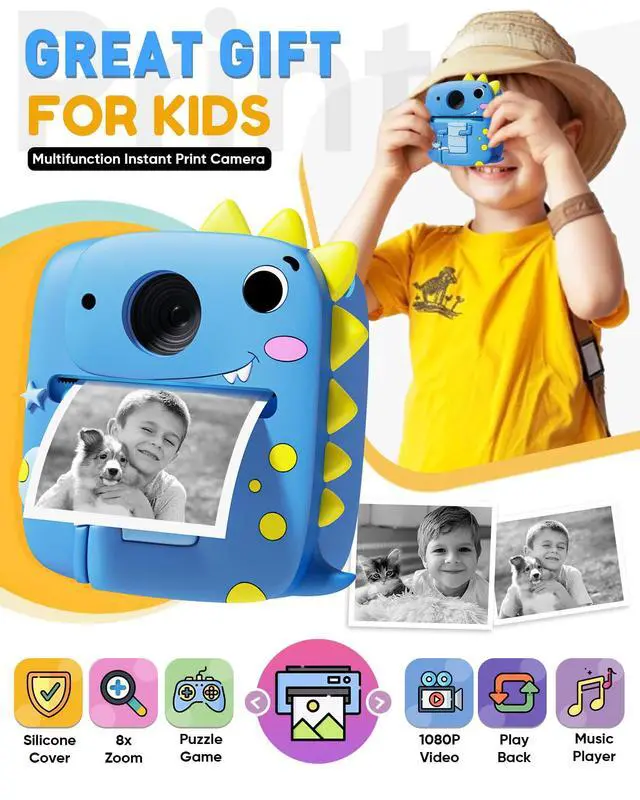 Alt view image 4 of 7 - Instant Print Kids Camera with Dinosaur Silicone Case 1080P Toddler Digital Camera, 3 Rolls Print Paper, Birthday for Boys Girls Age 3-8 (Blue)