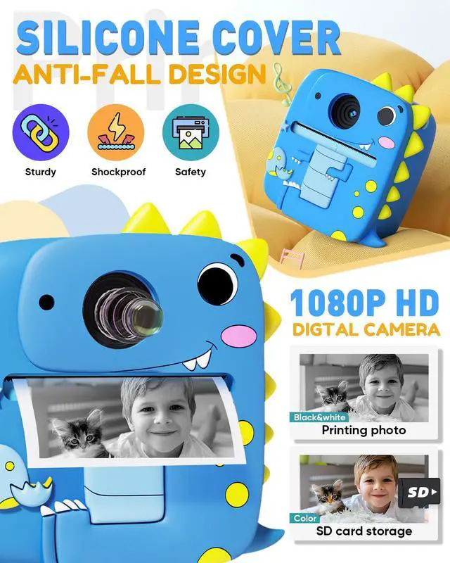 Alt view image 6 of 7 - Instant Print Kids Camera with Dinosaur Silicone Case 1080P Toddler Digital Camera, 3 Rolls Print Paper, Birthday for Boys Girls Age 3-8 (Blue)