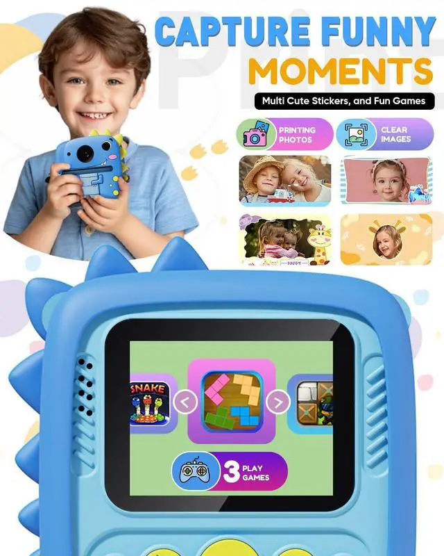 Alt view image 7 of 7 - Instant Print Kids Camera with Dinosaur Silicone Case 1080P Toddler Digital Camera, 3 Rolls Print Paper, Birthday for Boys Girls Age 3-8 (Blue)