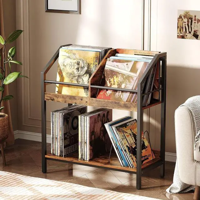 Main image of 2-Tier Vinyl Record Storage Holder Rack, 250 LP Albums Display Shelf, Wooden Vinyl Storage Rack with Wire Dividers for Records, CDs, Books, Rustic Brown and Black TCW07BF