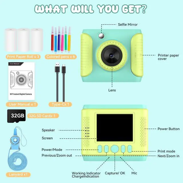 Alt view image 6 of 7 - Instant Print Camera for Kids,2.4 Inch Screen Kids Instant Cameras, Christmas Birthday Gifts for Girls Age 3-12,Portable Toddler Toy for 3 4 5 6 7 8 9 10 11Year Old Girls Boys Green