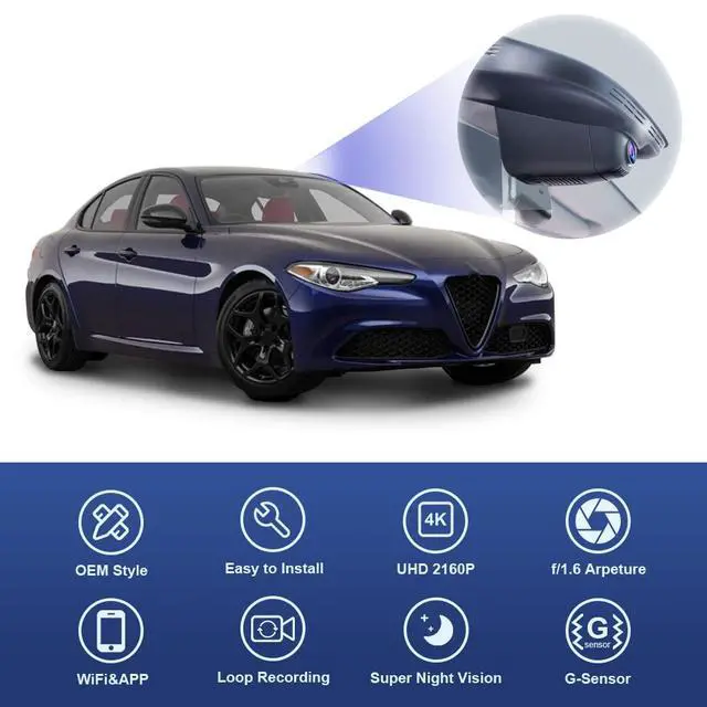 Alt view image 2 of 6 - 4K Dash Cam Adapts for Alfa Romeo Giulia & Stelvio 2017-2024, Integrated OEM Look, UHD 2160P Video, Built-in WiFi & APP, Loop Recording, Parking Mode, Gravity Sensor, Easy to Set, 64GB Card