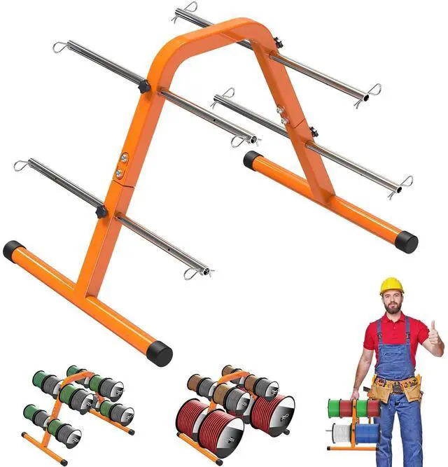 Main image of Portable Wire Spool Rack - Heavy-Duty Steel Cable Dispenser with 4 Adjustable Rods, Spool Rack Holder for Efficient Storage & Dispensing, 8" Max Capacity, Orange