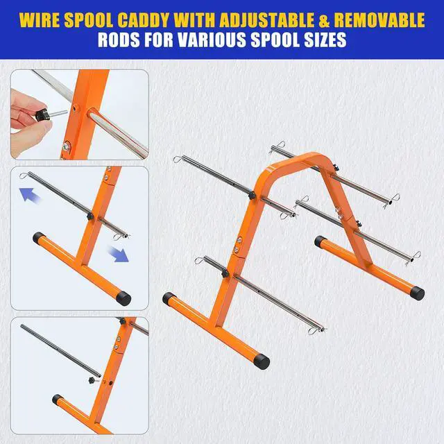 Alt view image 4 of 7 - Portable Wire Spool Rack - Heavy-Duty Steel Cable Dispenser with 4 Adjustable Rods, Spool Rack Holder for Efficient Storage & Dispensing, 8" Max Capacity, Orange