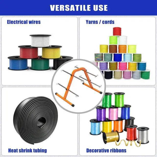 Alt view image 7 of 7 - Portable Wire Spool Rack - Heavy-Duty Steel Cable Dispenser with 4 Adjustable Rods, Spool Rack Holder for Efficient Storage & Dispensing, 8" Max Capacity, Orange