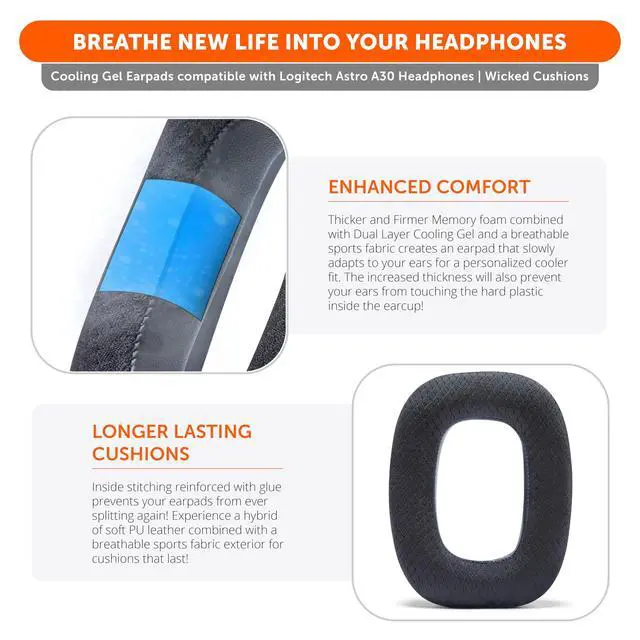 Alt view image 4 of 7 - Freeze A30 - Cooling Gel Earpads Compatible with Logitech Astro A30 Headphones by Wicked Cushions - Elevate Comfort, Durability, Thickness & Sound Isolation for Epic Gaming Sessions | Black