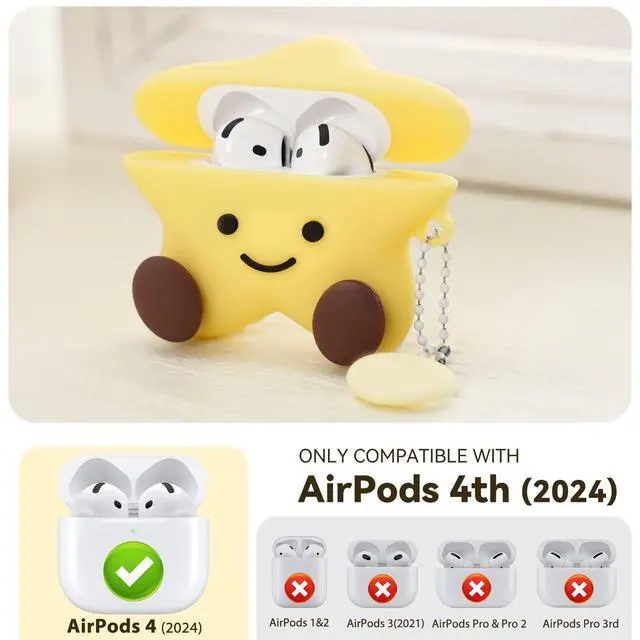Alt view image 2 of 7 - for AirPods 4 Case 2024,Star Shape Silicone Case-Yellow | Cute Kawaii Funny 3D Cartoon Protective Cover for AirPods 4th Genaration Case with Cleaner Kit and Keychain for Women Girls