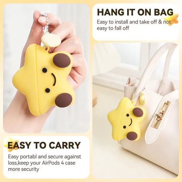 Alt view image 4 of 7 - for AirPods 4 Case 2024,Star Shape Silicone Case-Yellow | Cute Kawaii Funny 3D Cartoon Protective Cover for AirPods 4th Genaration Case with Cleaner Kit and Keychain for Women Girls