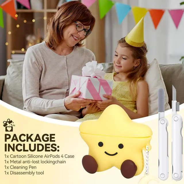 Alt view image 5 of 7 - for AirPods 4 Case 2024,Star Shape Silicone Case-Yellow | Cute Kawaii Funny 3D Cartoon Protective Cover for AirPods 4th Genaration Case with Cleaner Kit and Keychain for Women Girls