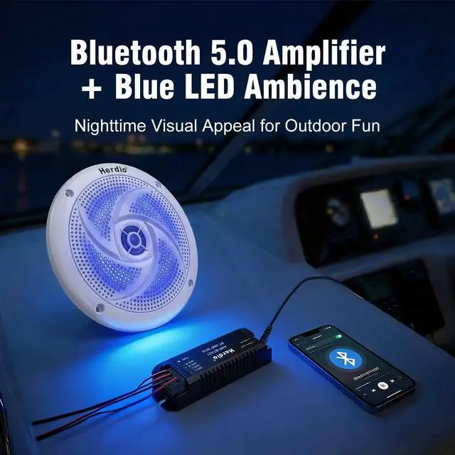 Alt view image 4 of 7 - 5.25" Bluetooth Marine Speakers, Low Profile Slim Design with LED Lights, 160W 2-Way Weather Resistant Outdoor Audio, Suitable for Boat, RV, UTV, ATV, Golf Cart (2-Pack, White)