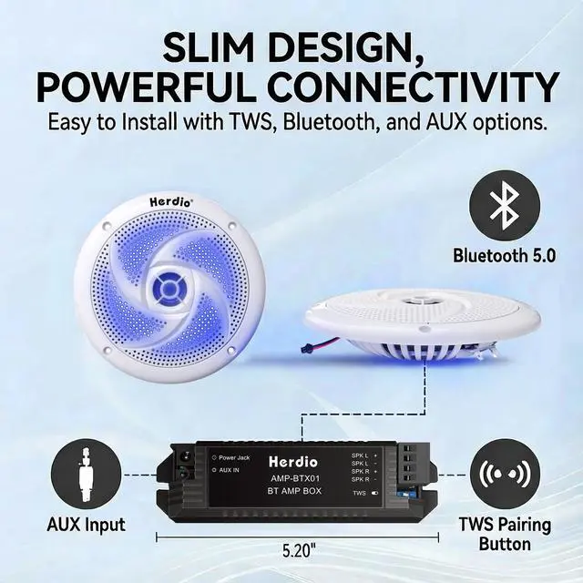 Alt view image 6 of 7 - 5.25" Bluetooth Marine Speakers, Low Profile Slim Design with LED Lights, 160W 2-Way Weather Resistant Outdoor Audio, Suitable for Boat, RV, UTV, ATV, Golf Cart (2-Pack, White)