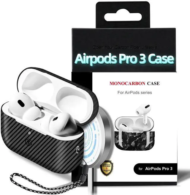 Main image of Real Carbon Fiber Case for AirPods Pro 3, Slim Protective Hard Cover with Lanyard, Compatible with MagSafe, Scratch-Resistant & Drop-Proof-Twill Matte Black