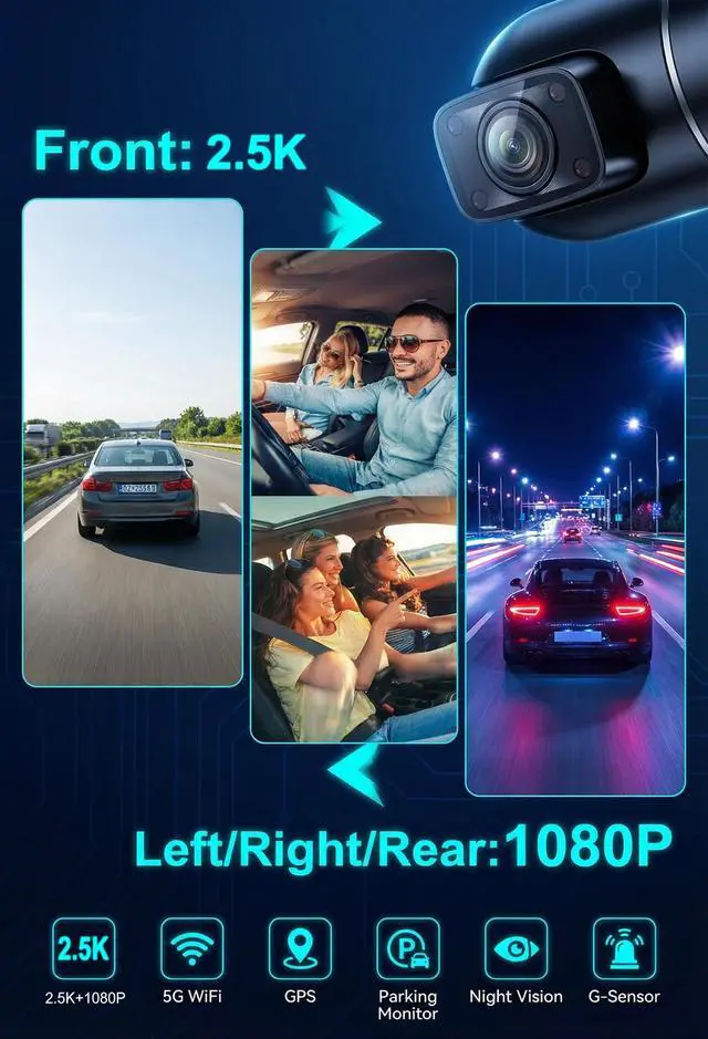 Alt view image 3 of 7 - 4 Channels 360°Dash Cam,2.5K+1080P Front and Rear Camera for Cars, Built-in G-Sensor, Car Recorder with GPS and 128G Card, 24H Parking Monitor,Loop Recording, Night Vision,Support WiFi/APP Control