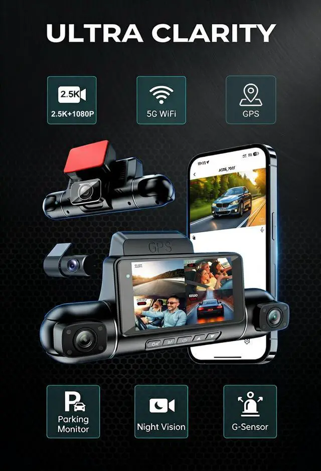 Alt view image 2 of 7 - 4 Channels 360°Dash Cam,2.5K+1080P Front and Rear Camera for Cars, Built-in G-Sensor, Car Recorder with GPS and 128G Card, 24H Parking Monitor,Loop Recording, Night Vision,Support WiFi/APP Control
