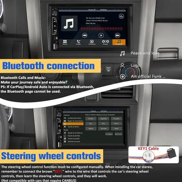 Alt view image 6 of 7 - Universal Double Din Car Stereo with Wireless CarPlay & Android Auto, 7" HD Touch Screen Head Unit with Backup Camera/External Microphone, Car Radio Supports Bluetooth/SWC/FM/USB/RGB