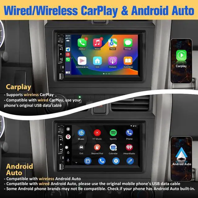 Alt view image 4 of 7 - Universal Double Din Car Stereo with Wireless CarPlay & Android Auto, 7" HD Touch Screen Head Unit with Backup Camera/External Microphone, Car Radio Supports Bluetooth/SWC/FM/USB/RGB