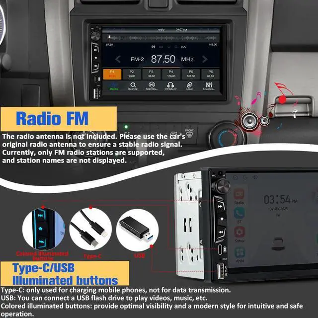 Alt view image 7 of 7 - Universal Double Din Car Stereo with Wireless CarPlay & Android Auto, 7" HD Touch Screen Head Unit with Backup Camera/External Microphone, Car Radio Supports Bluetooth/SWC/FM/USB/RGB