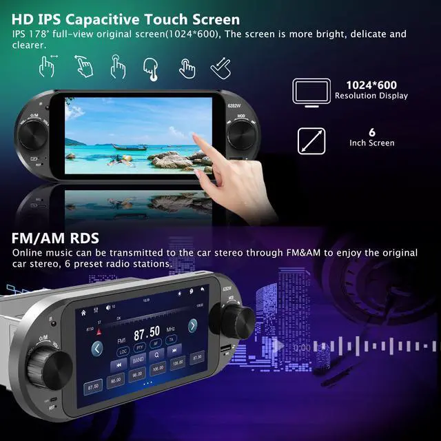 Alt view image 3 of 7 - 6" Single Din Touchscreen Car Stereo Wireless Apple CarPlay Android Auto | 2 Knobs,CarPlay Screen for Car Radio,Bluetooth 5.2,FM/AM,RDS,EQ,USB,Type-C Fast Charging,Night Vision Backup Camera,Subwoofer