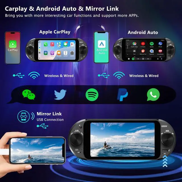 Alt view image 2 of 7 - 6" Single Din Touchscreen Car Stereo Wireless Apple CarPlay Android Auto | 2 Knobs,CarPlay Screen for Car Radio,Bluetooth 5.2,FM/AM,RDS,EQ,USB,Type-C Fast Charging,Night Vision Backup Camera,Subwoofer