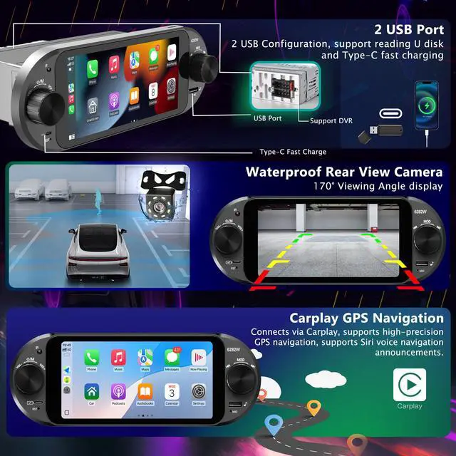 Alt view image 4 of 7 - 6" Single Din Touchscreen Car Stereo Wireless Apple CarPlay Android Auto | 2 Knobs,CarPlay Screen for Car Radio,Bluetooth 5.2,FM/AM,RDS,EQ,USB,Type-C Fast Charging,Night Vision Backup Camera,Subwoofer