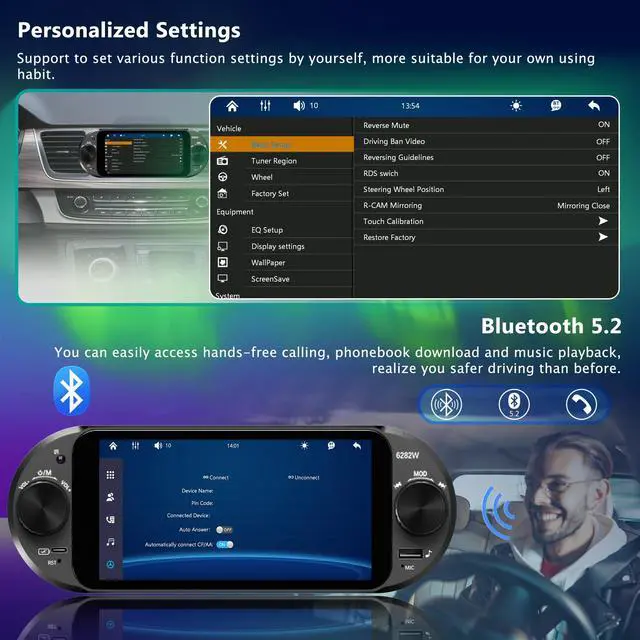 Alt view image 6 of 7 - 6" Single Din Touchscreen Car Stereo Wireless Apple CarPlay Android Auto | 2 Knobs,CarPlay Screen for Car Radio,Bluetooth 5.2,FM/AM,RDS,EQ,USB,Type-C Fast Charging,Night Vision Backup Camera,Subwoofer