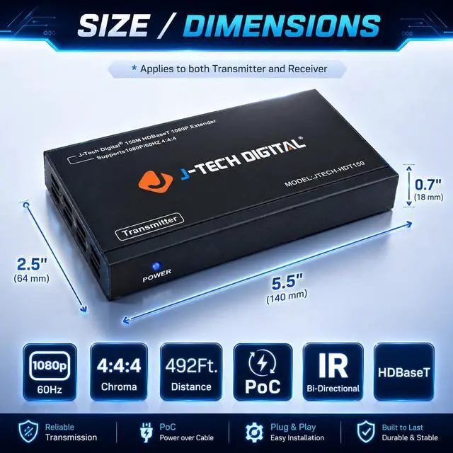 Alt view image 4 of 7 - Long Range HDMI Extender Over Cat6 150m/492ft HDBaseT 1080P Extender PoC, Bi-Directional IR, Supports Dolby Digital, DTS, with EDID, CEC, & RS-232 Passthrough (JTECH-HDT150)