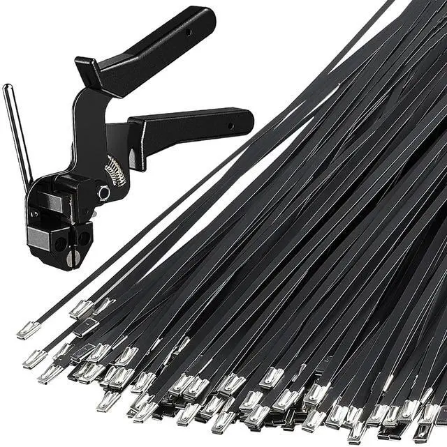 Main image of 100PCS 11.8" Black Stainless Steel Zip Ties,Rustproof & Heat Resistant | Heavy duty 304 steel zip ties kit with tie gun,self-locking ball design,for fences, pipes,exhaust,vehicles and farms