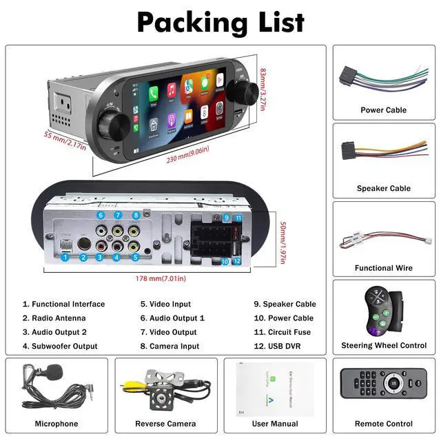 Alt view image 7 of 7 - 6" Single Din Touchscreen Car Stereo Wireless Apple CarPlay Android Auto | 2 Knobs,CarPlay Screen for Car Radio,Bluetooth 5.2,FM/AM,RDS,EQ,USB,Type-C Fast Charging,Night Vision Backup Camera,Subwoofer