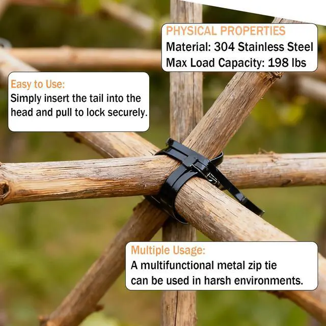 Alt view image 4 of 7 - 100PCS 11.8" Black Stainless Steel Zip Ties,Rustproof & Heat Resistant | Heavy duty 304 steel zip ties kit with tie gun,self-locking ball design,for fences, pipes,exhaust,vehicles and farms