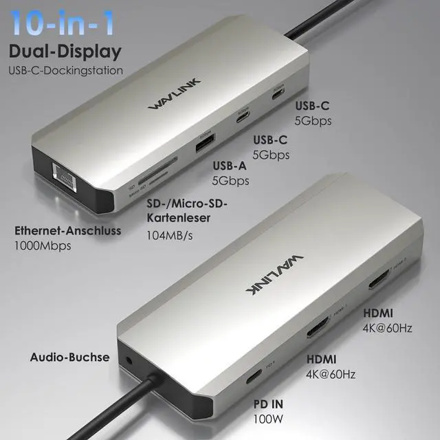 Alt view image 2 of 7 - Laptop Docking Station, Docking Station Dual HDMI | Dual 4K@60Hz, 100W PD in,3×USB-A 5Gb, Gigabit Ethernet,SD/TF, Compatible with Dell/HP/Lenovo, Windows Only